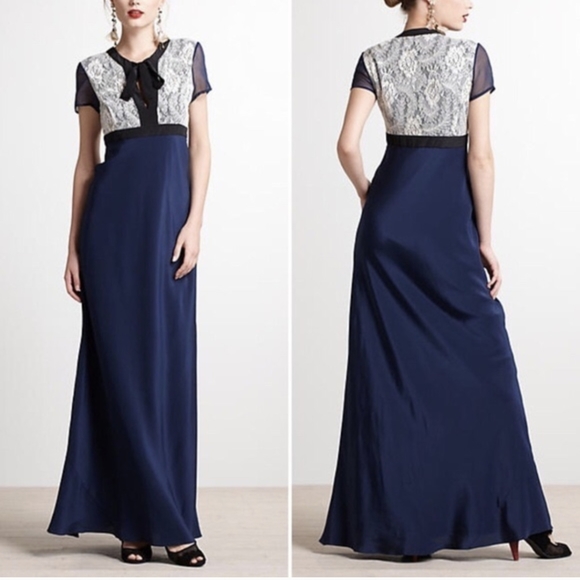 vessel Dresses & Skirts - Vessel by Timo Anthropologie - Navy Silk W/ Cream Lace Bodice Formal Dress Sz 8